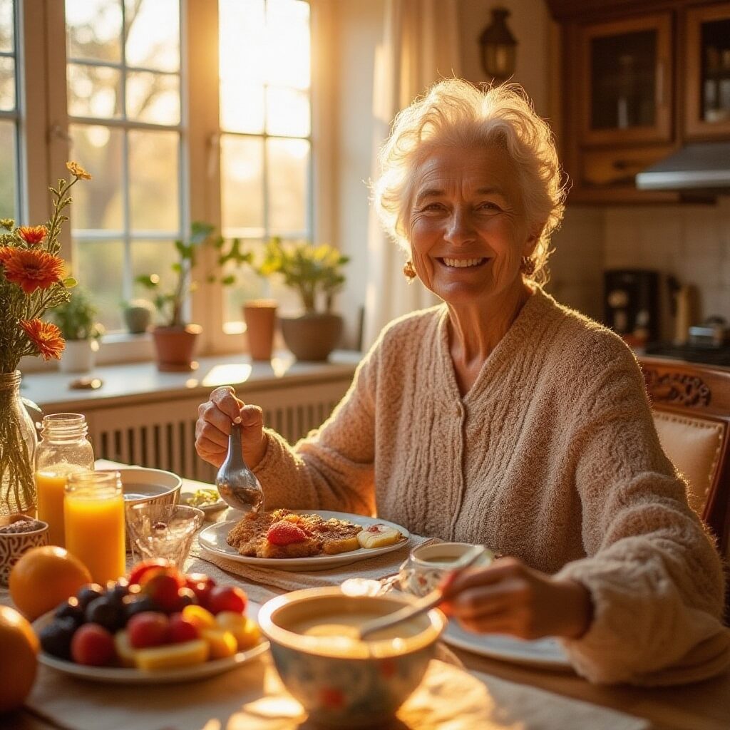 modern senior eating breakfast