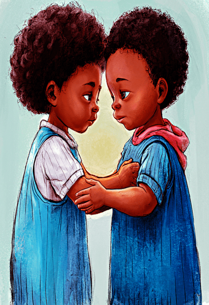 two children looking at each other
