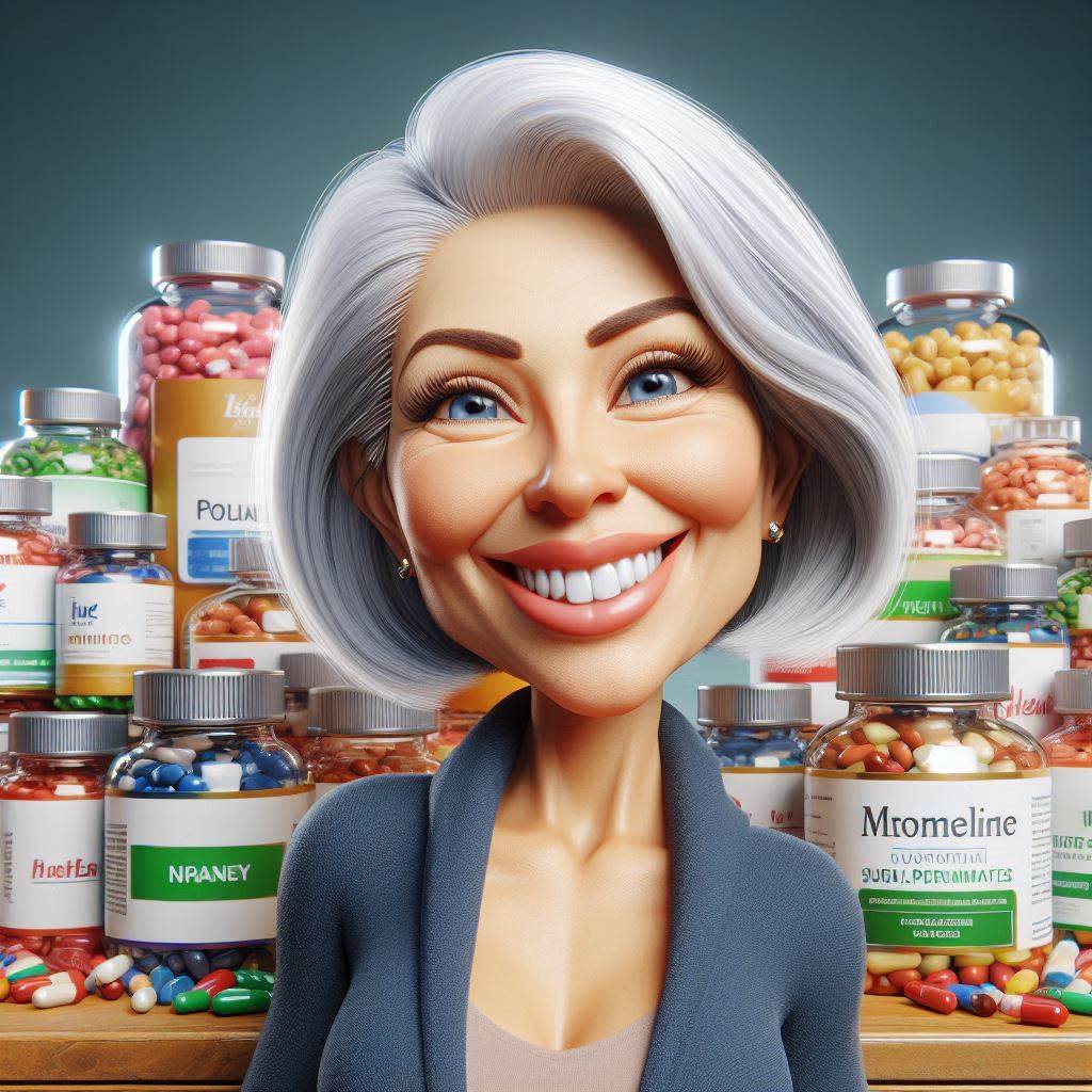 a caricature of a smiling woman surrounded by pills
