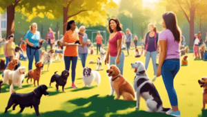 An inviting scene of a lively dog training class in a community park, featuring a diverse group of dog owners and their pets engaged in various training ex