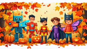 Create an illustration of a variety of budget-friendly Halloween costumes for kids of different ages. Show children dressed in creative DIY costumes such a