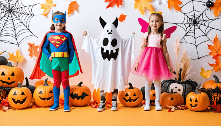 Create an image of a variety of budget-friendly Halloween costumes for kids displayed in a vibrant and playful setting. Include a superhero costume made fr