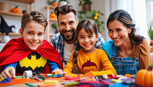 Create an image featuring a cozy living room scene where busy parents are crafting DIY Halloween costumes with their kids. Show colorful materials like fab