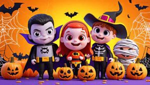 Create a colorful and playful scene showcasing a variety of Halloween costumes for children. Include children dressed as classic monsters like a vampire, w