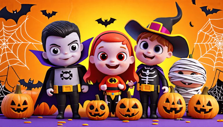 Create a colorful and playful scene showcasing a variety of Halloween costumes for children. Include children dressed as classic monsters like a vampire, w