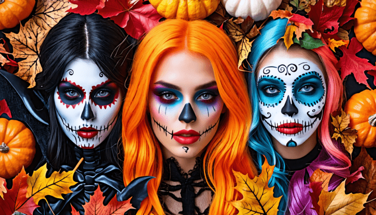 Create a vibrant collage of imaginative Halloween makeup looks for 2024, featuring diverse styles such as a glamorous vampire, a neon skull, a whimsical fa