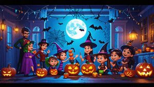 An engaging and festive Halloween party scene showcasing a variety of creative games. Include children and adults participating in pumpkin carving, bobbing