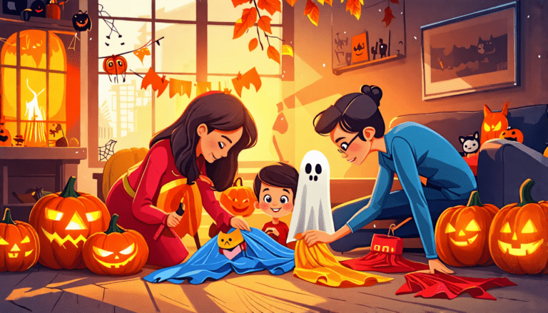 Create an illustration of a cozy family scene in a living room, where a parent is helping a child pick out a Halloween costume from a colorful assortment o