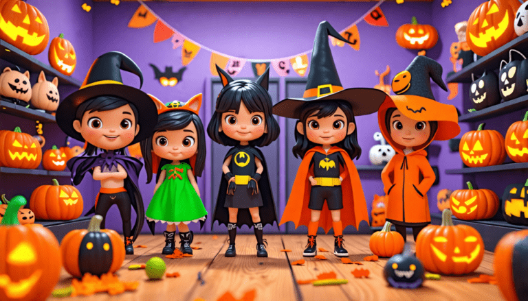 Create an image of a vibrant Halloween scene featuring a diverse group of children trying on various costumes in a fun store. Show a mix of classic costume