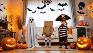 An imaginative scene showcasing a cozy living room filled with various household items creatively transformed into Halloween costumes. Display a child dres