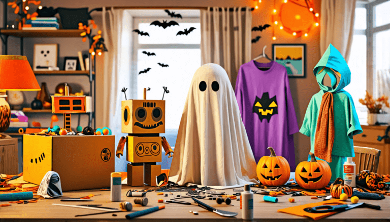 Create an image of a creative, DIY Halloween costume-making scene in a cozy living room. Showcase a variety of everyday household items being transformed i