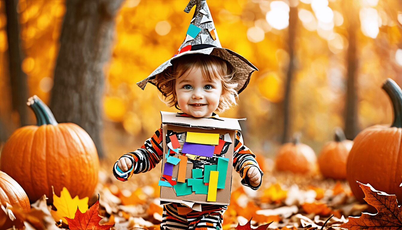 Create an image of a child wearing a creative and sustainable Halloween costume made from recycled materials, such as a cardboard robot suit adorned with c