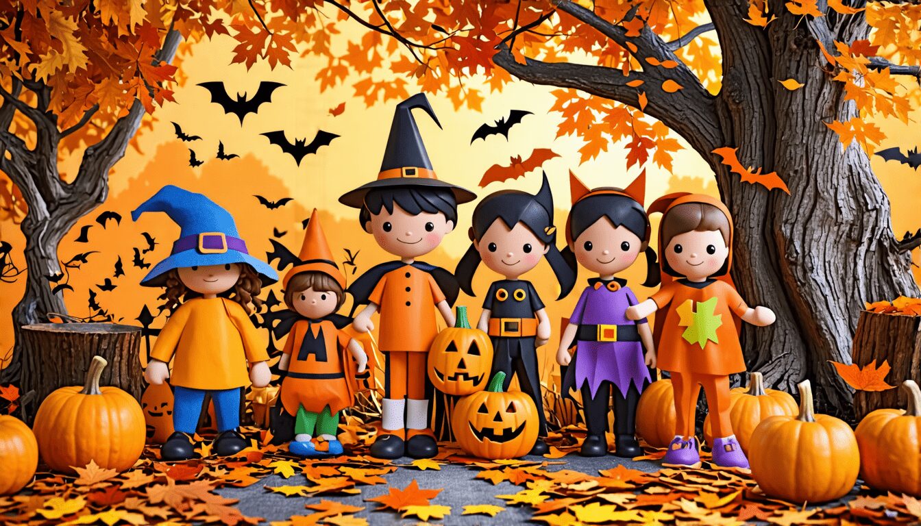 Create an imaginative Halloween scene featuring children wearing eco-friendly costumes made from recycled materials, such as cardboard, fabric scraps, and