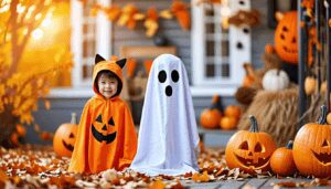 Create a vibrant and playful scene featuring a variety of last-minute Halloween costume ideas for kids. Include a child dressed as a colorful pumpkin with