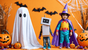 Create a whimsical scene featuring a variety of last-minute Halloween costume ideas for kids. Include a child dressed as a playful ghost made from a white