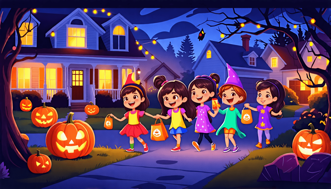 Create an illustration of a whimsical Halloween scene featuring a diverse group of children in colorful costumes happily trick-or-treating in a suburban ne