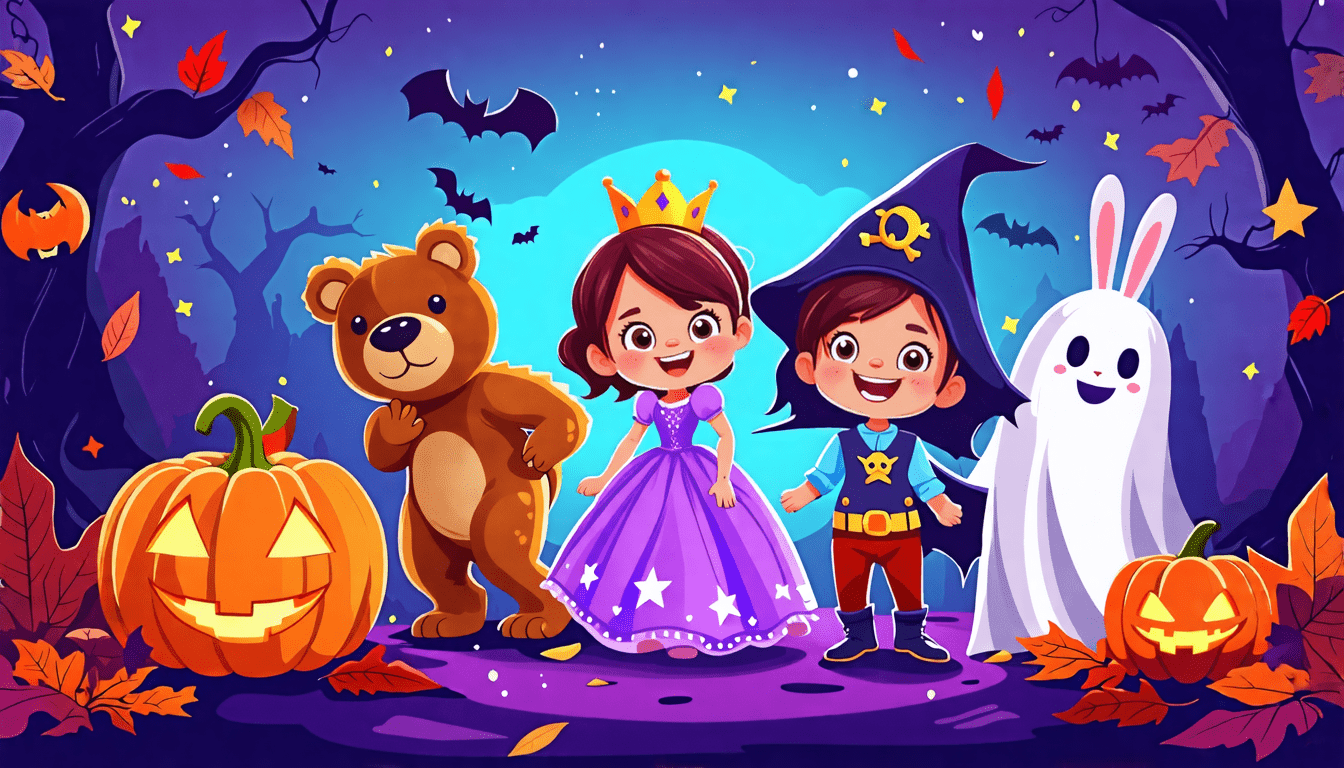 Create a whimsical and colorful illustration showcasing the top 10 Halloween costumes for toddlers in 2024. Include costumes such as a cute dinosaur, a fuz