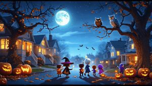 Create an illustration depicting a whimsical Halloween scene featuring children dressed in various costumes like a witch, a ghost, and a superhero, happily