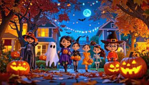 A whimsical and vibrant scene capturing the joy of Halloween where children of diverse backgrounds are excitedly dressed in colorful costumes, trick-or-tre