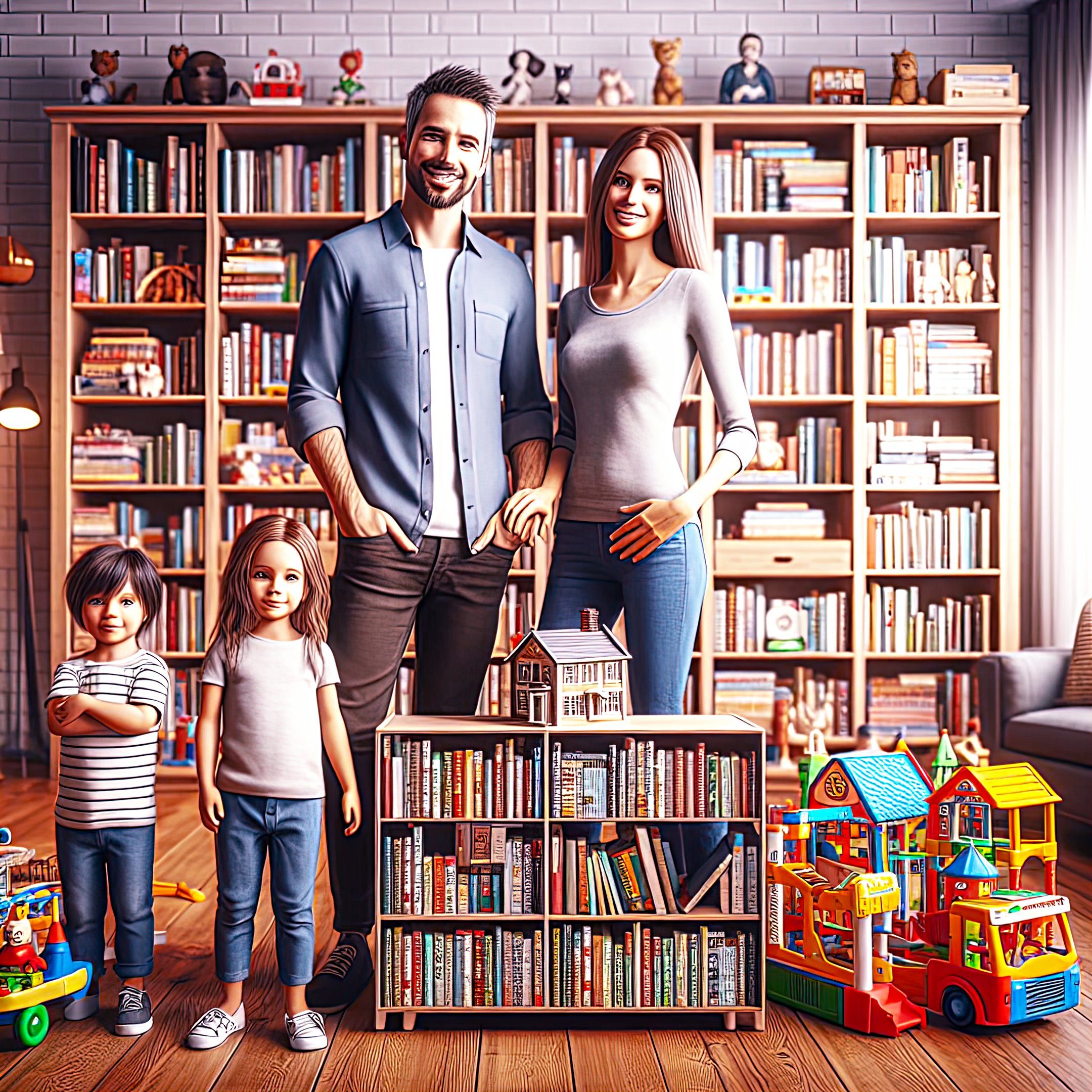 a family posing for a photo in a living room