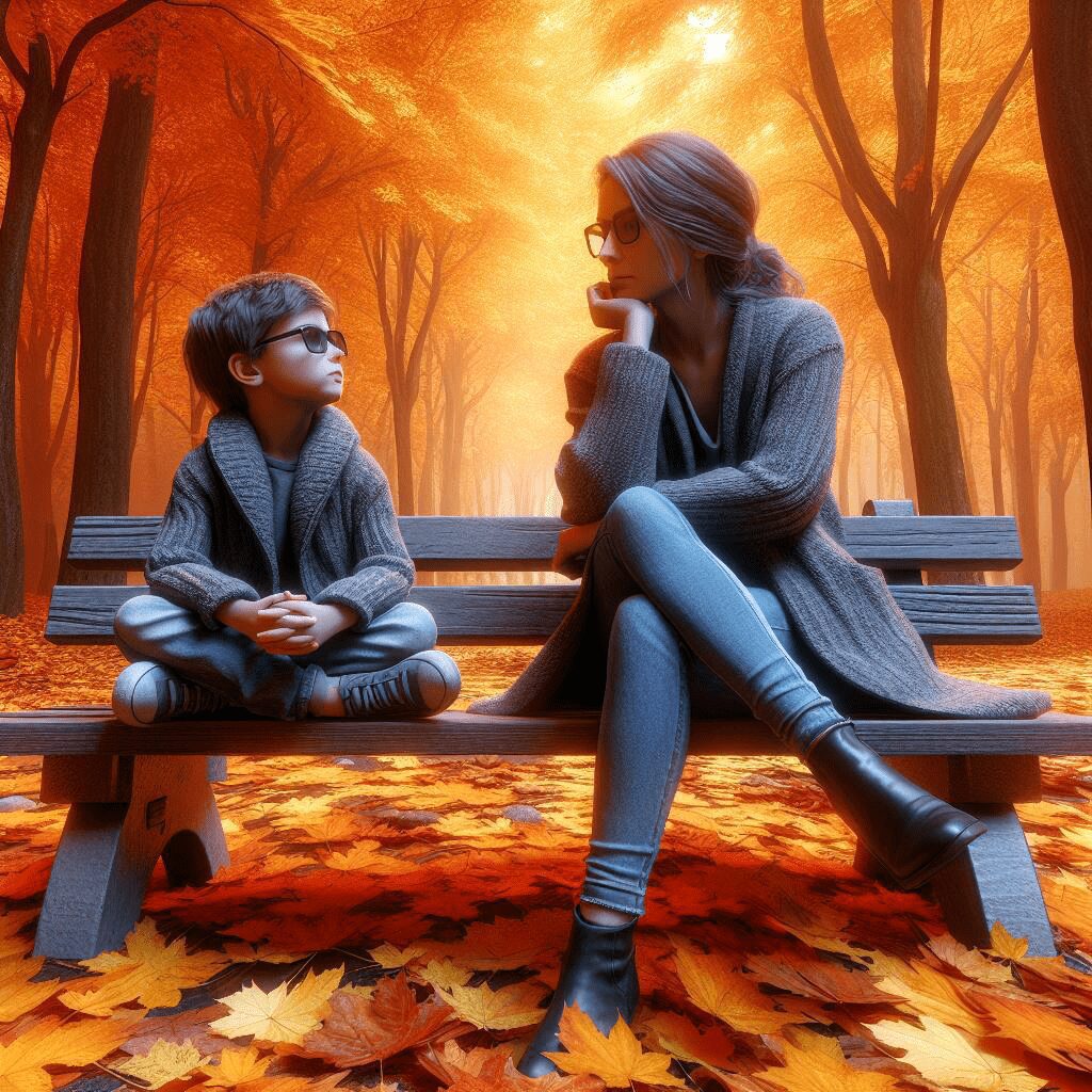 a woman and a boy sitting on a bench in a park