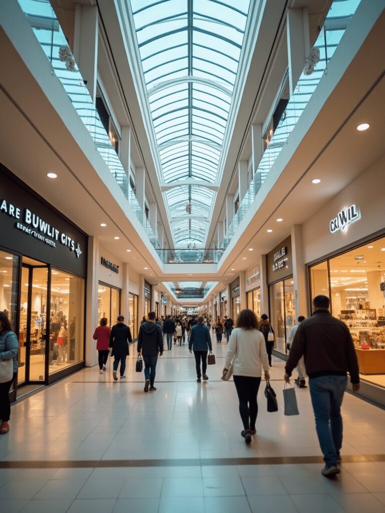 a group of people walking through a mall