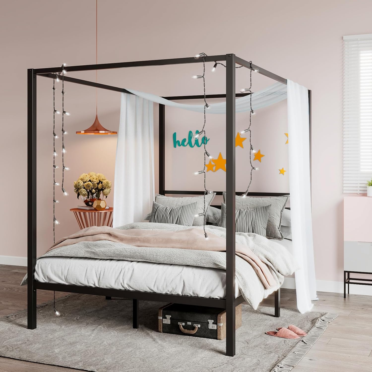 SHA CERLIN Metal Canopy Bed Frame Queen Size/Mattress Founda