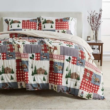 3-piece Winter-Printed Down Alternative Comfort Set with Shams (Full / Queen, Cozy Maple), Size:Full/Queen, Red