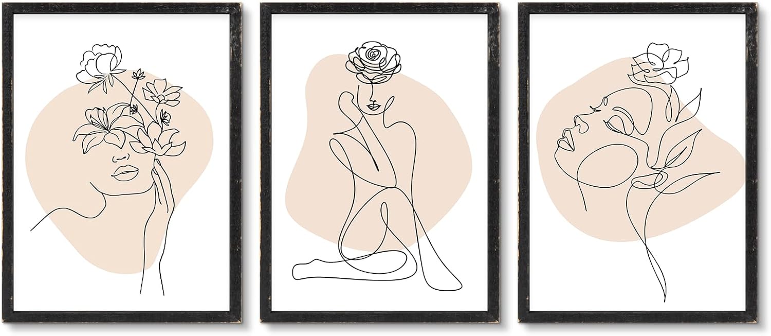 Set of Framed Abstract Woman Wall Art, Minimalist Female