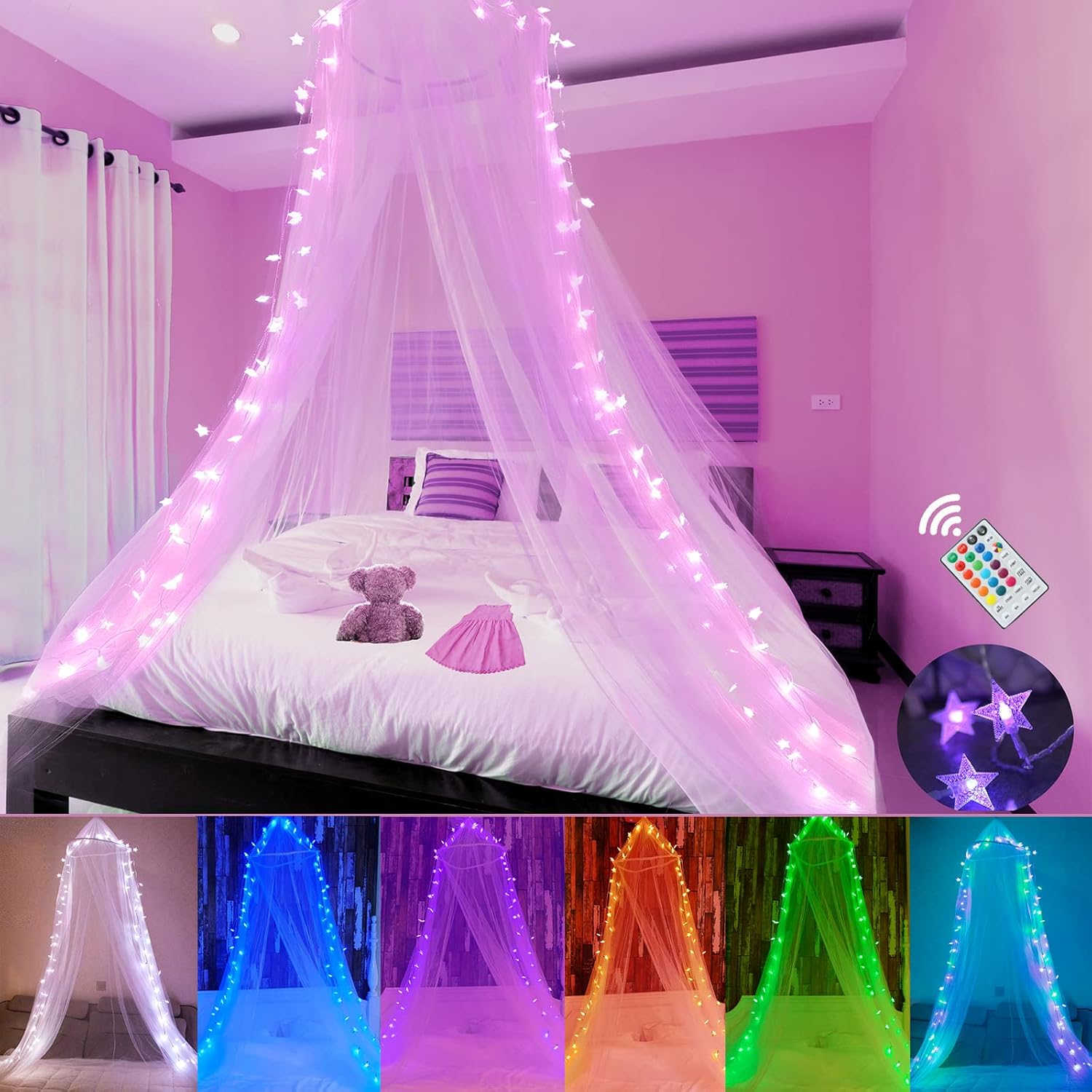 Obrecis Bed Canopy with LED Star Lights, Princess Canopy Bed