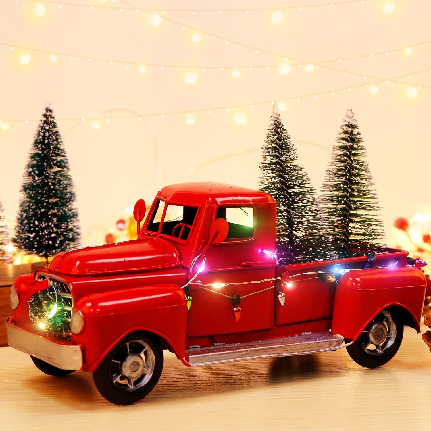 AerWo Christmas Farmhouse Red Truck Decor, LED String Lights