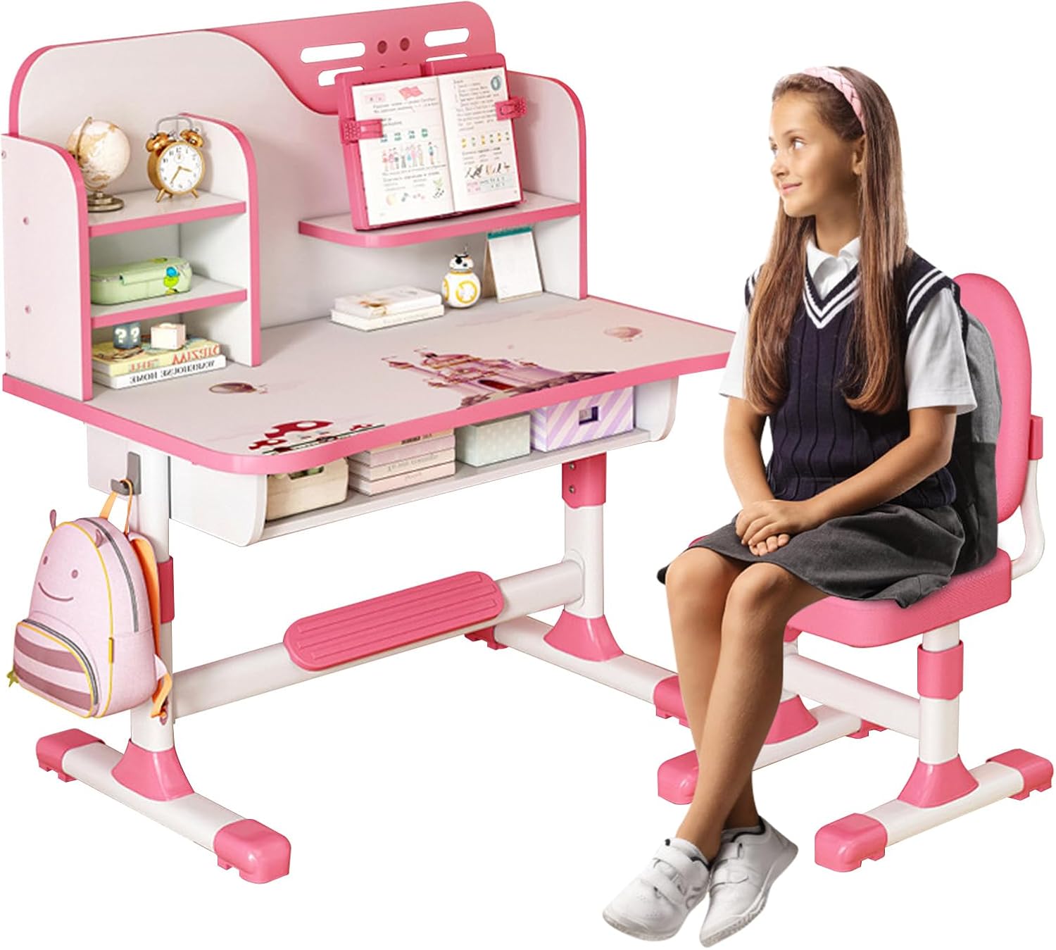 Kids Study Table and Chair Set, Adjustable Art Desk Girls