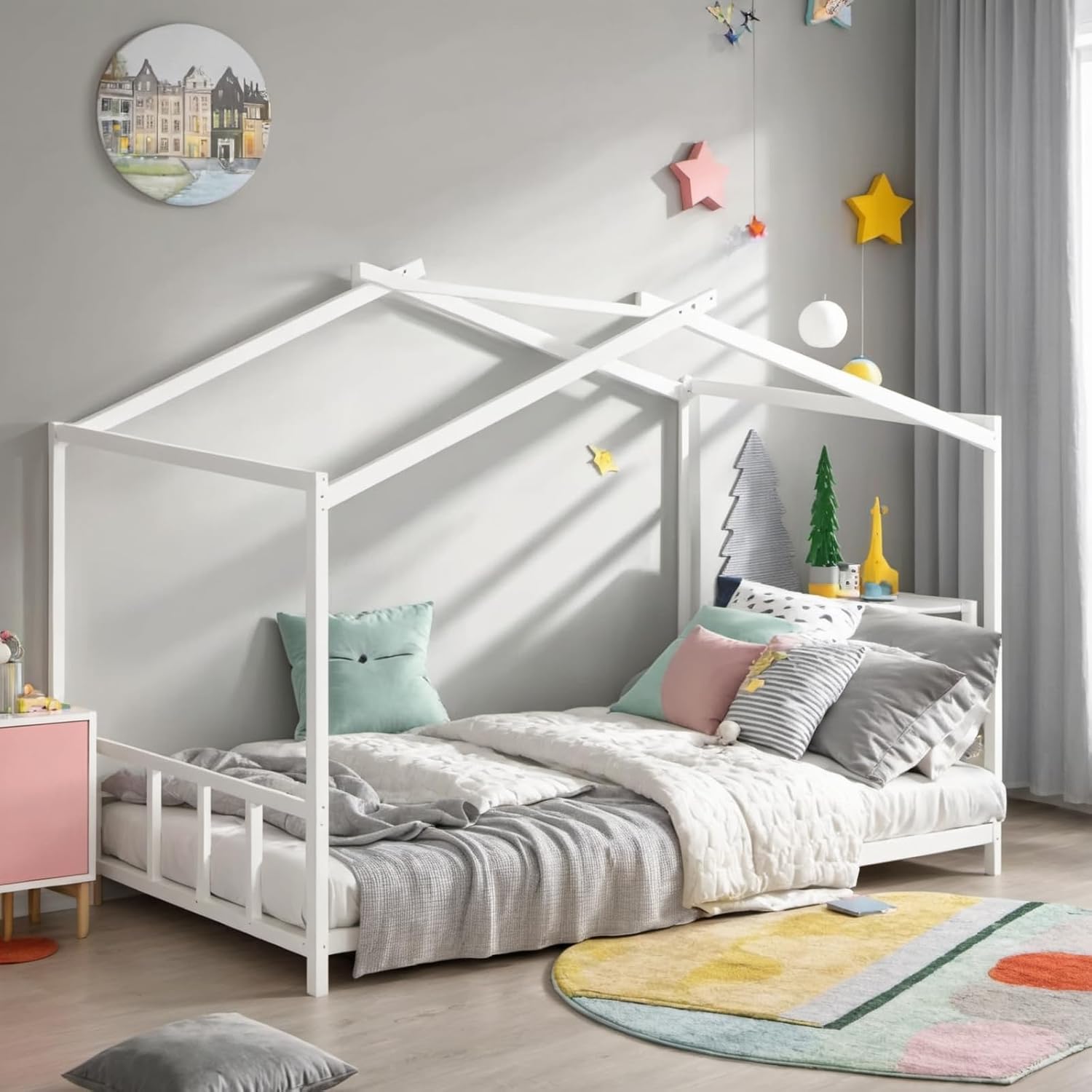 Twin Size Floor Bed with Roof Design for Kids, Girls,