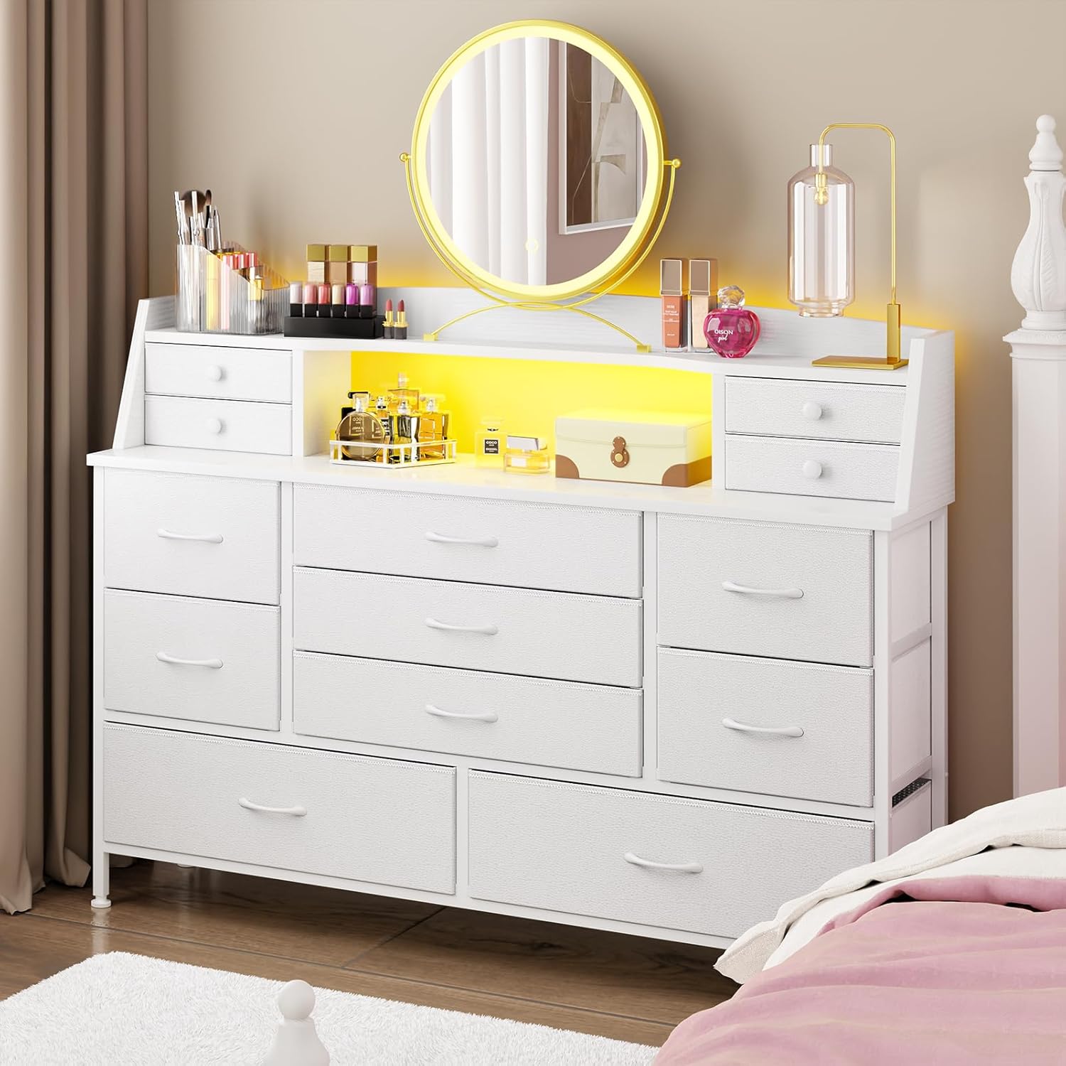 Fixwal White Dresser for Bedroom with Drawers, Fabric Che