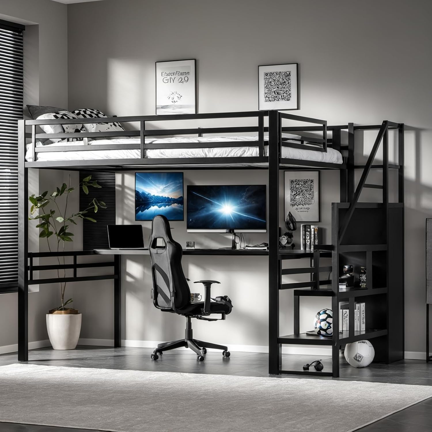 DNYN Stairway Full Size Loft Bed with Desk for Kids