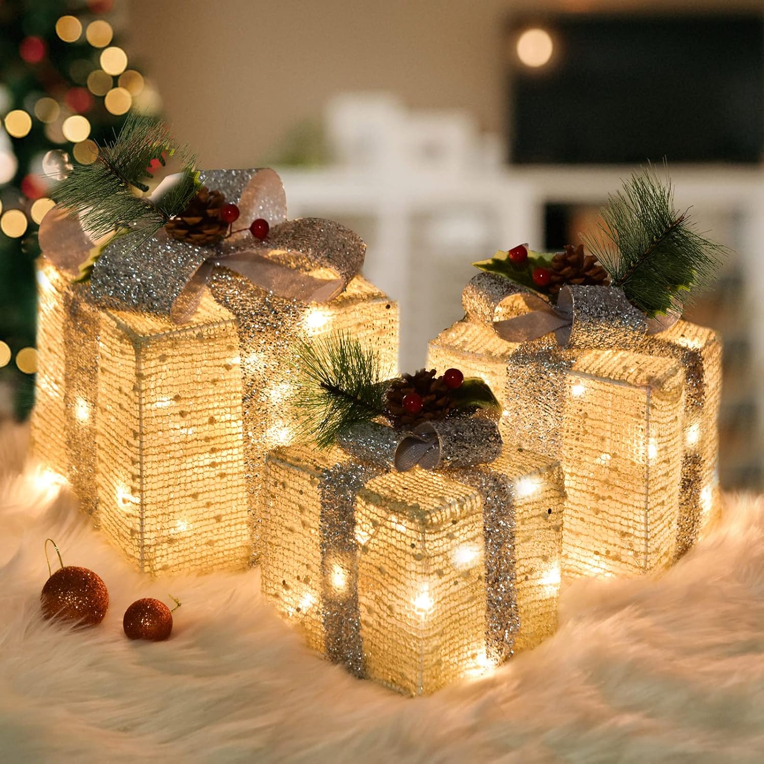 Set of Christmas Lighted Gift Boxes Decorations, Pre lit