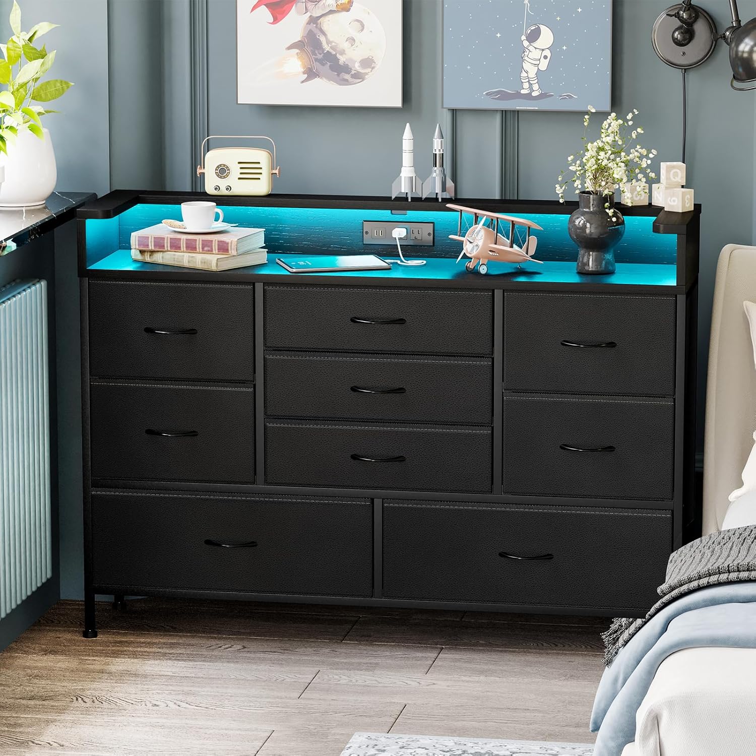 Fixwal Black LED Dresser, Dresser with Drawers and Chargin