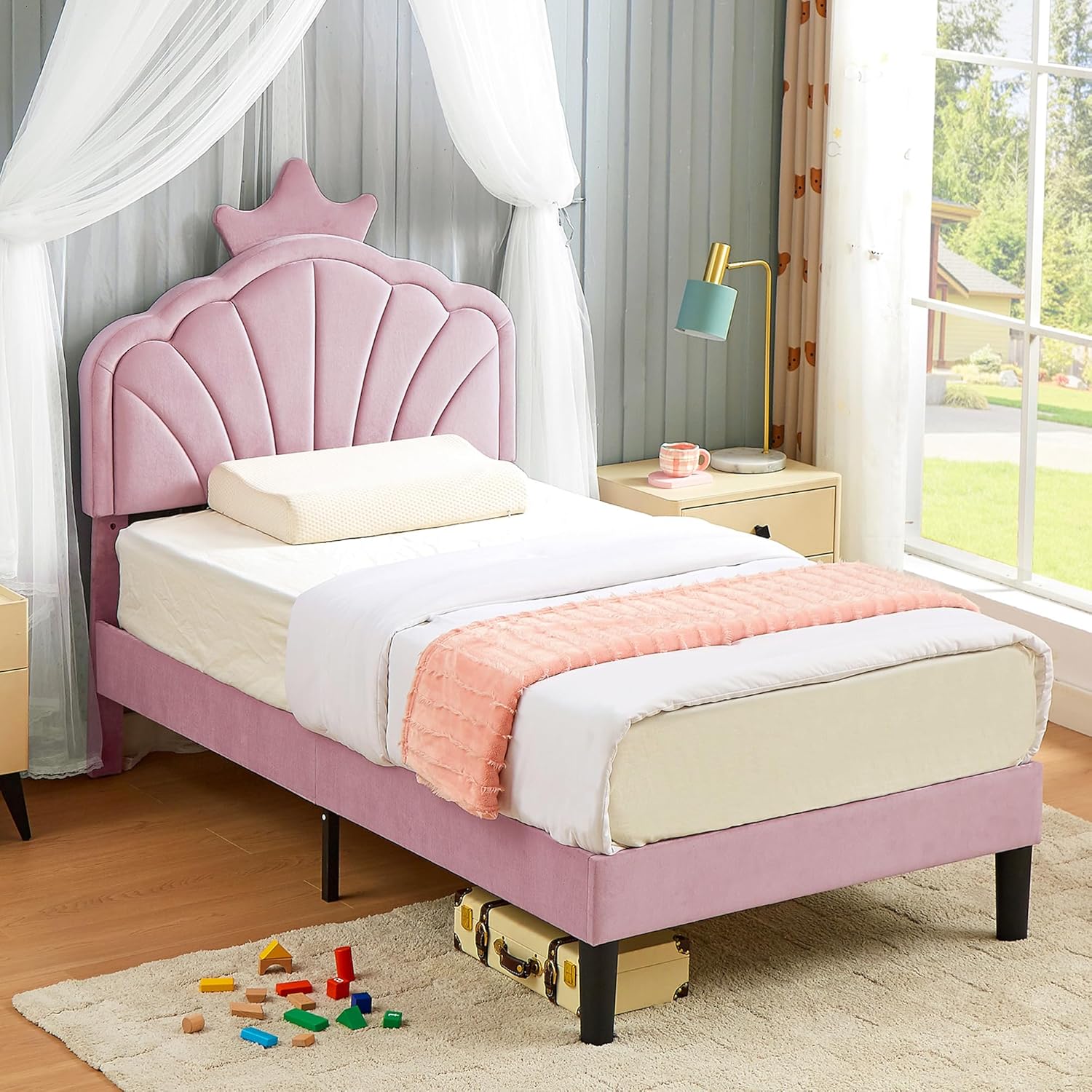 VECELO Twin Size Bed Frame Upholstered with Headboard, Stron