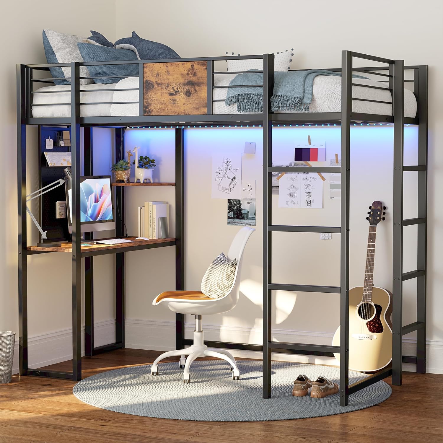 LIKIMIO Twin Metal Loft Bed with Desk and Shelves for