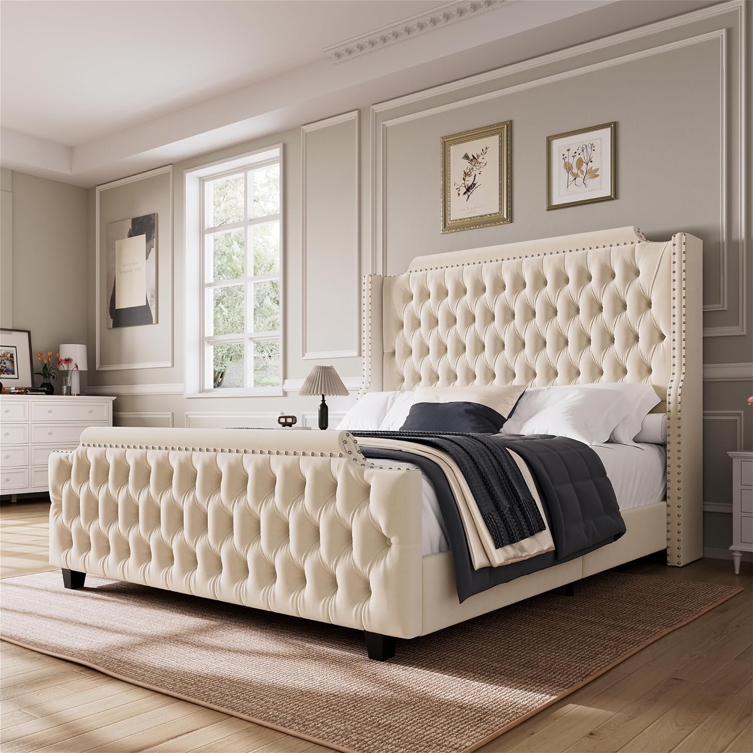 HOSTACK Queen Size Platform Bed Frame with " Tall Wingback