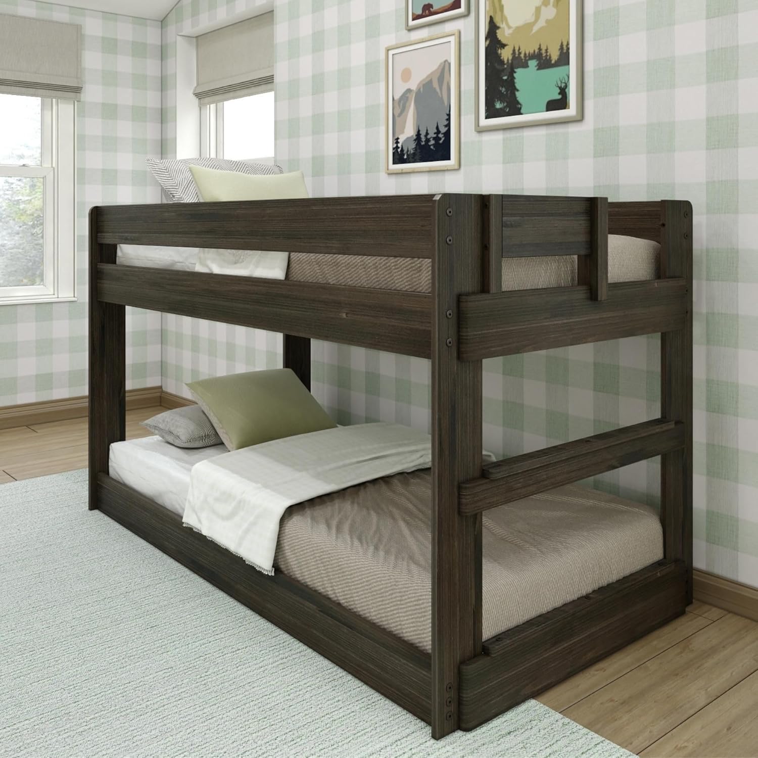 Max & Lily Modern Farmhouse Low Bunk Bed, Twin Over Twin Bed