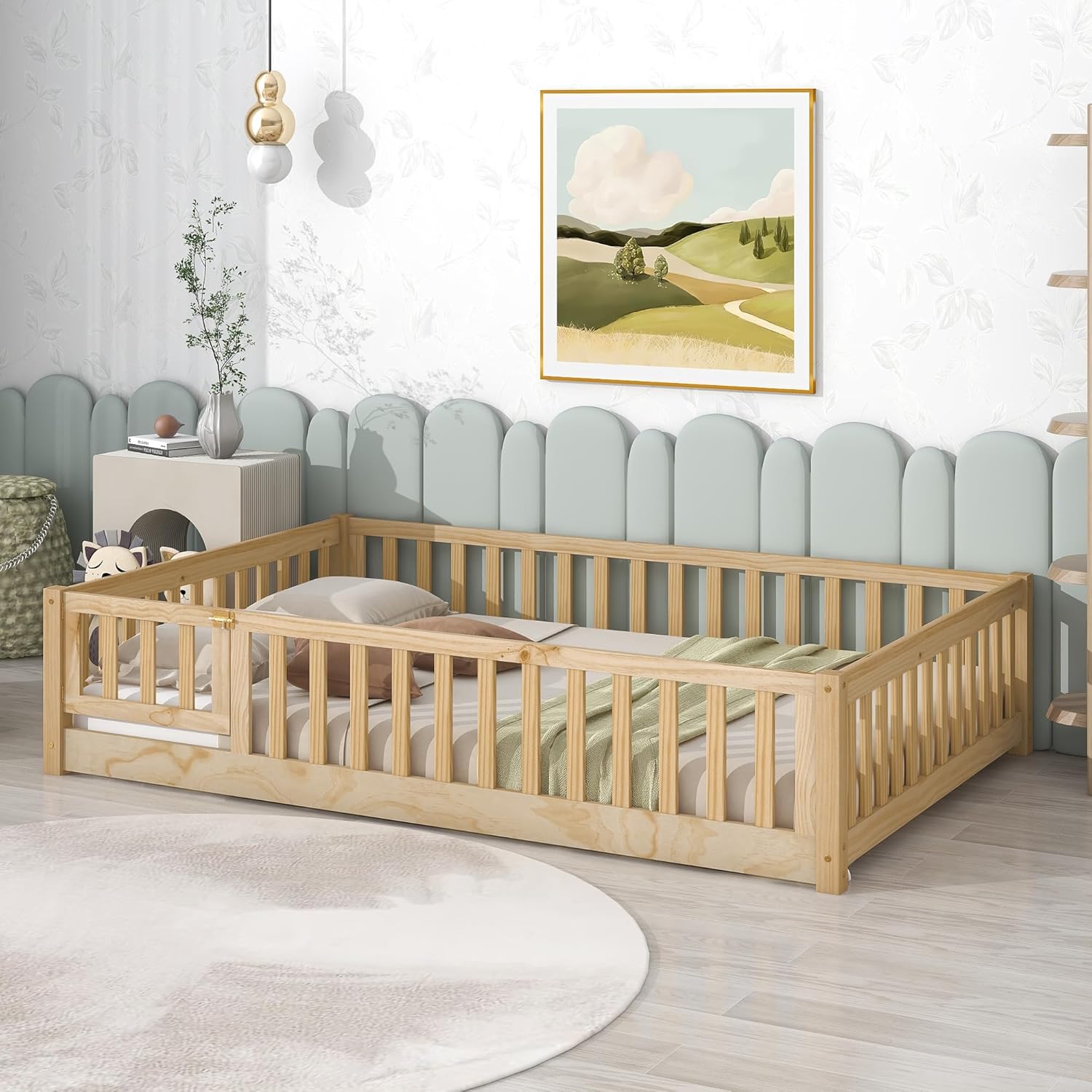 Full Size Montessori Floor Bed Frame with Safety Fence &