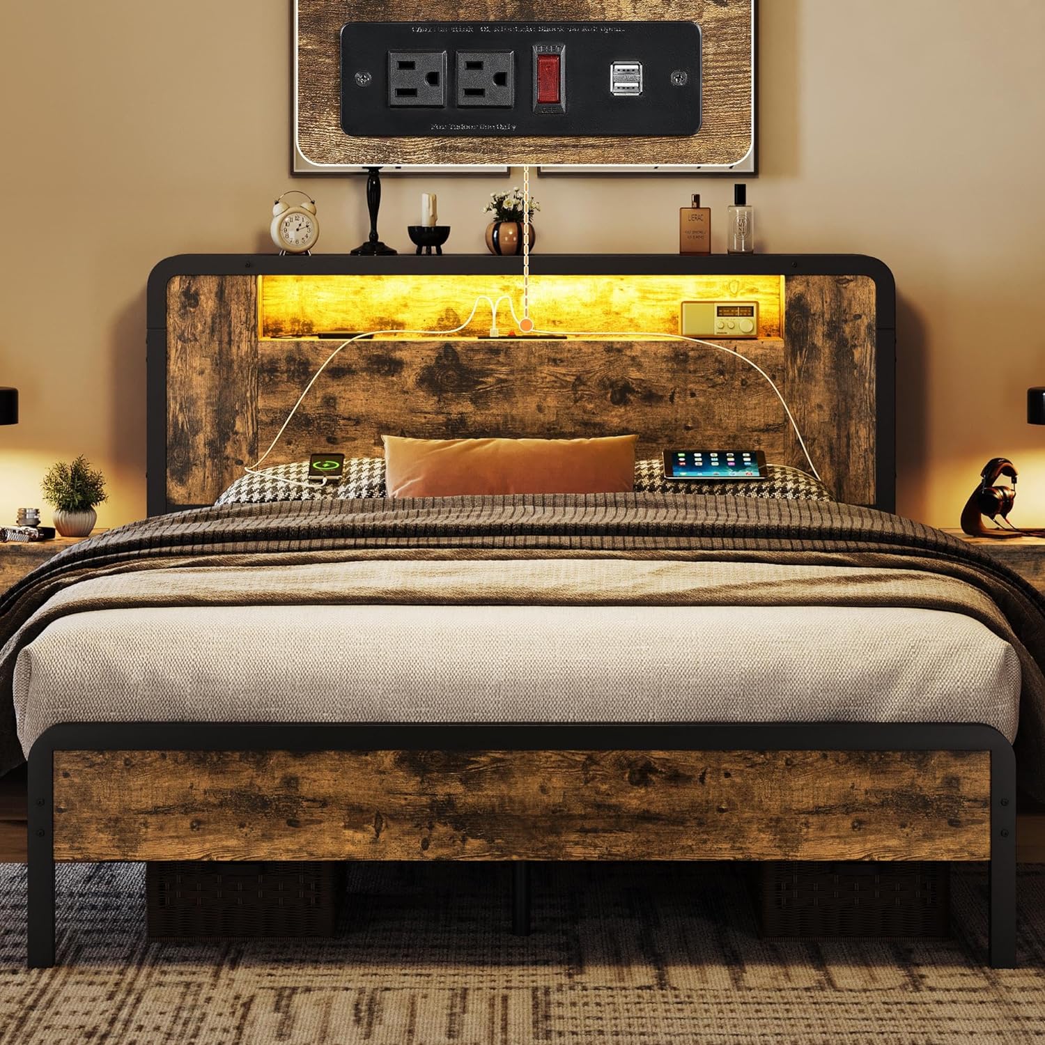 Yaheetech Queen Bed Frame Metal Bed with Wooden Headboard/Fo