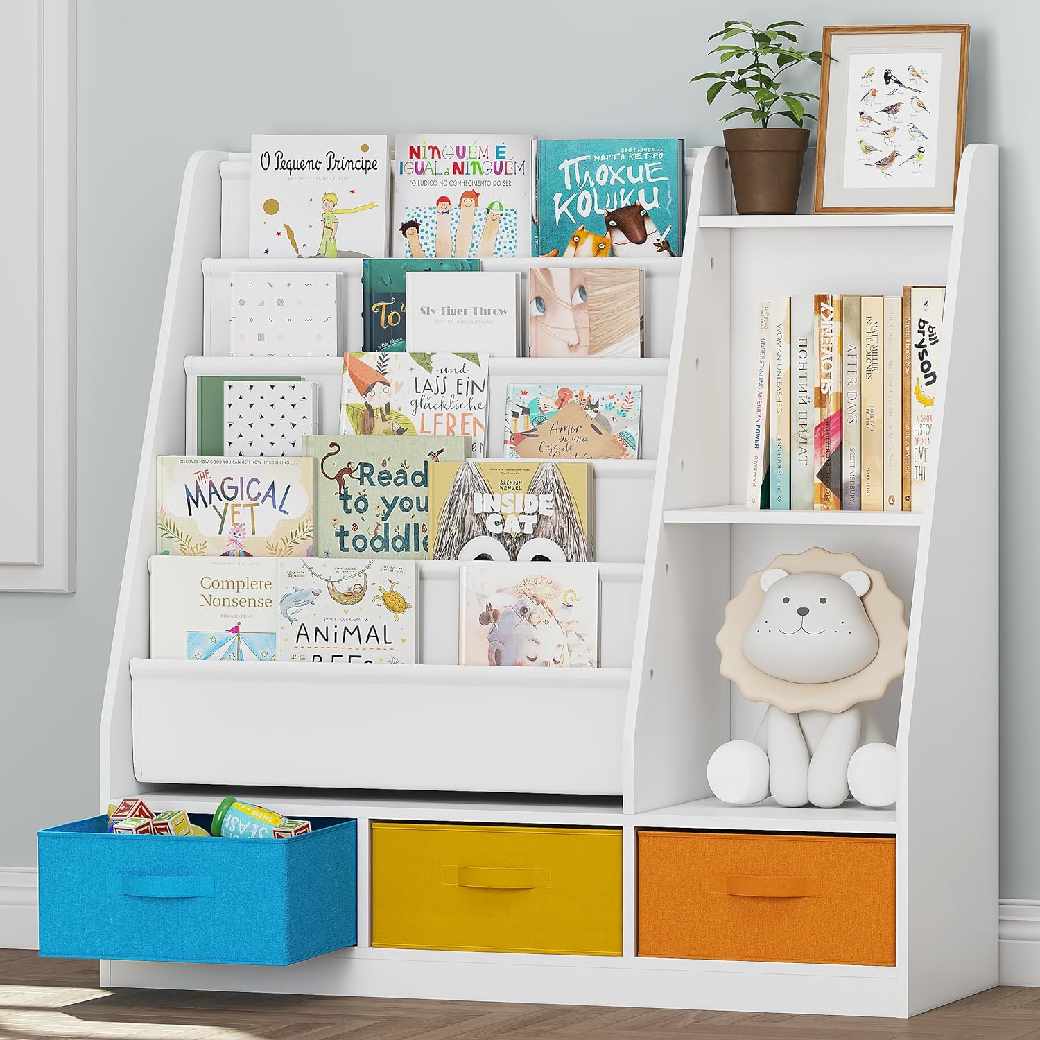 UTEX Tier Kids Sling Bookshelf with Storage Bins, Wood Chi