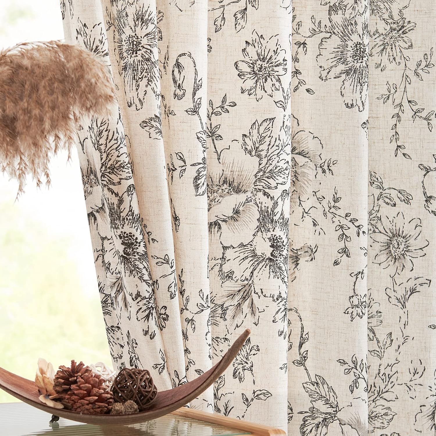 jinchan Linen Blend Curtains Floral Curtains for Living Room