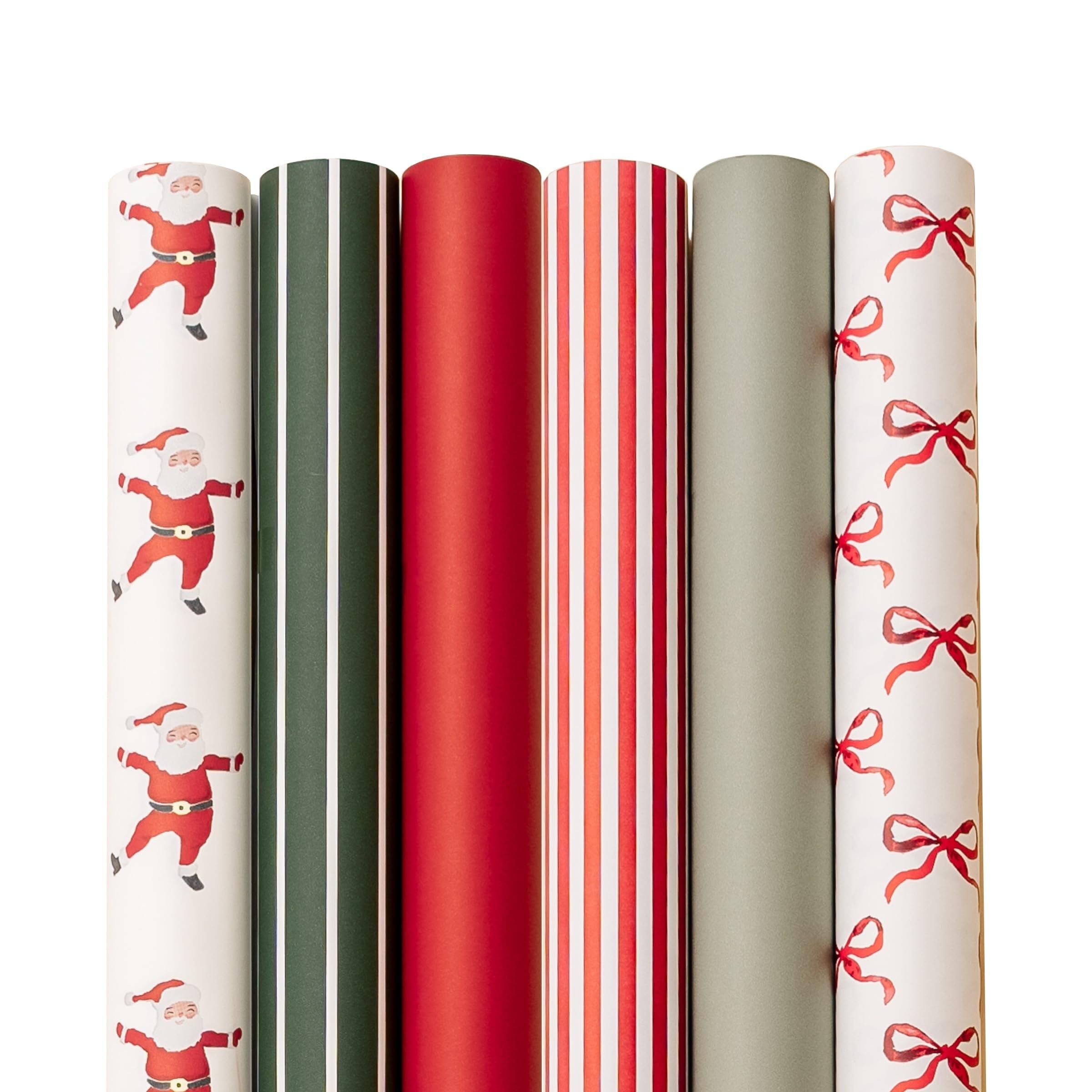 Merry Market 6-pack Premium Matte Christmas Wrapping Paper, Minimal Holiday Gift Wrap, Santa, Green Stripe, Solid Red, Gingerbread, Solid Green and Merry & Bright - 30” x 168” per roll, 210 square feet total