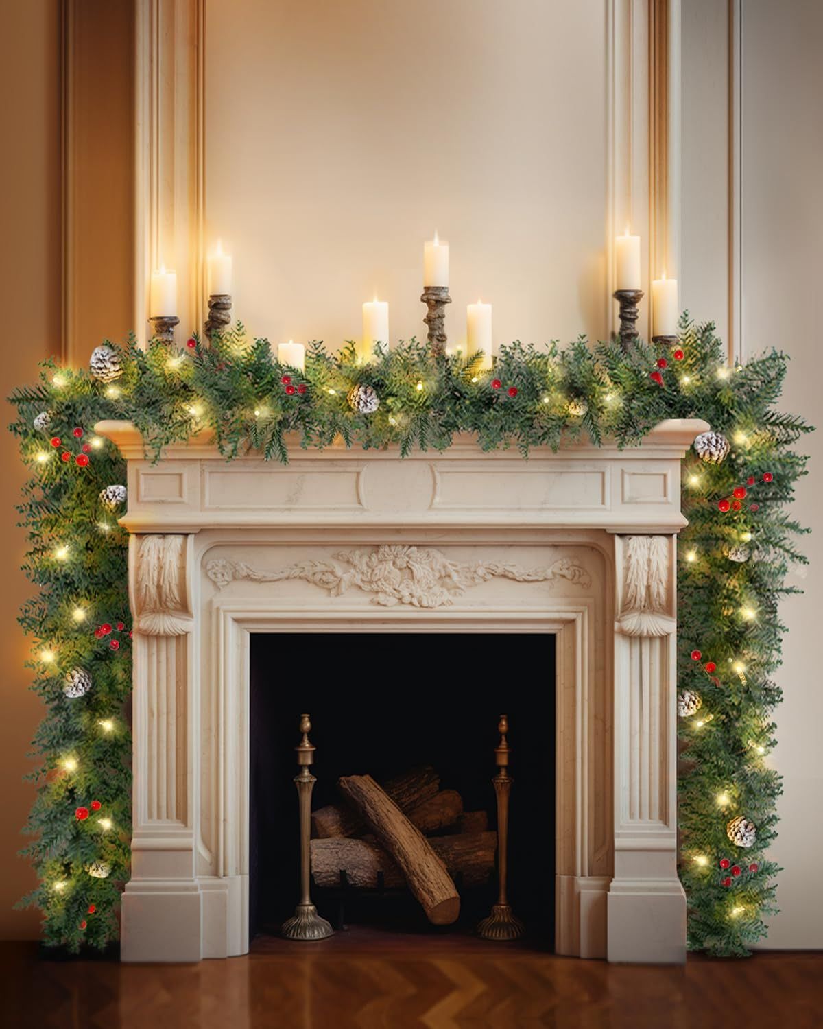 Pre-lit Christmas Garland 9FT - with Red Berries & Pine Cone Pair of Holiday Artificial Decor for Stairs Wall Door Indoor Outdoor Garland with Battery Operated Timer