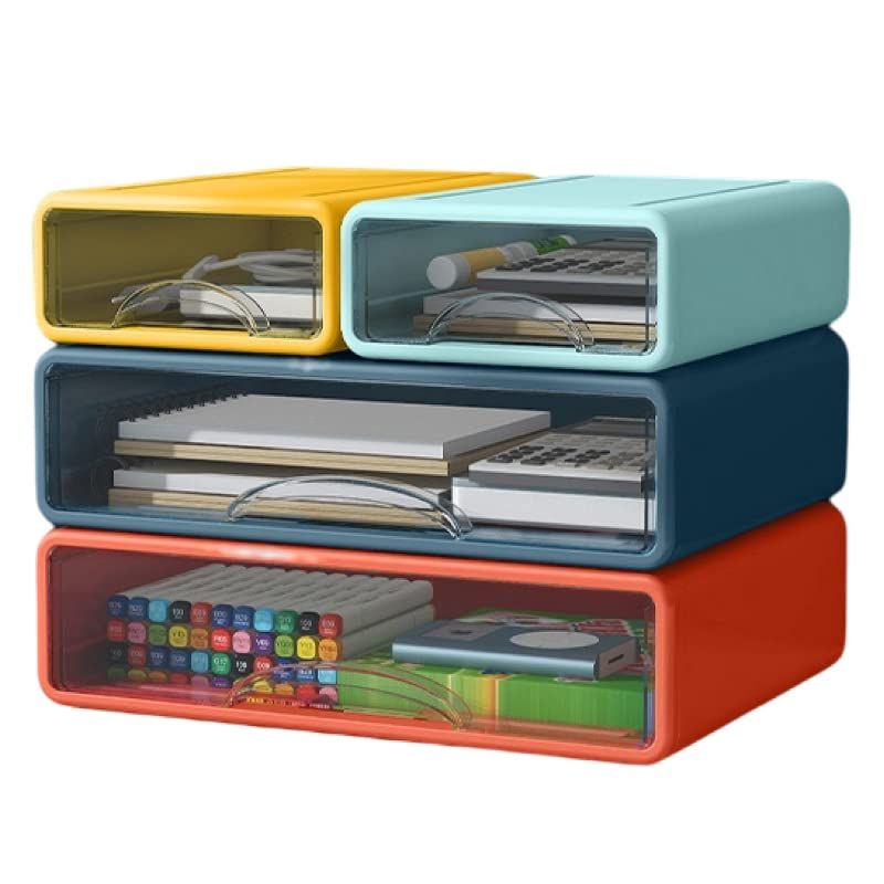 Stackable Office Storage Box with Drawers｜Office Desk Storage Box with 4 Drawers (Pearl White)｜ (Fire red (big) + sea blue (big) + sunset yellow (small) + fresh green (small))…