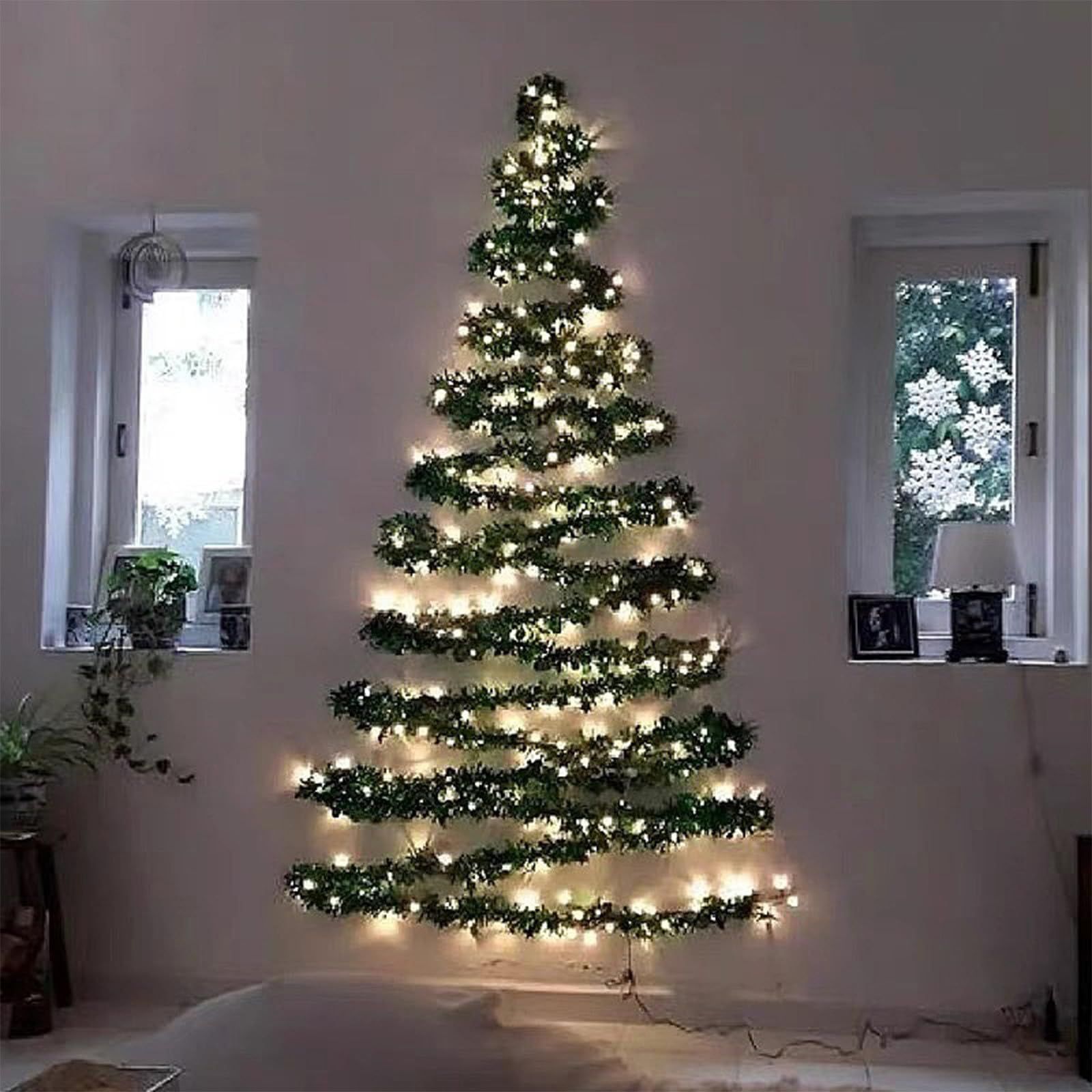 16.4 FT Wall Christmas Tree with Lights, Christmas Tree Wall Decoration, Flat Christmas Tree Garland for Wall, Wall Christmas Tree Hanging Decorations for Indoor Home Wall Decor Save Space