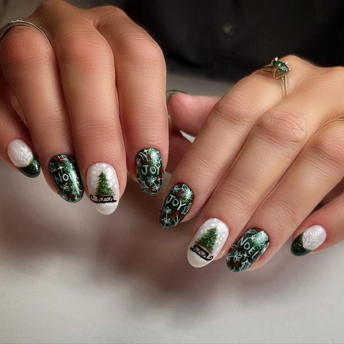 24 Pcs Christmas White Press on Nails Short Almond - YEFIUO Winter Oval Fake Nails Press ons Green French Nail Tip Xmas Tree Letter Design Full Cover False Nails Glue on Nails Acrylic Gel Nail Art Kit